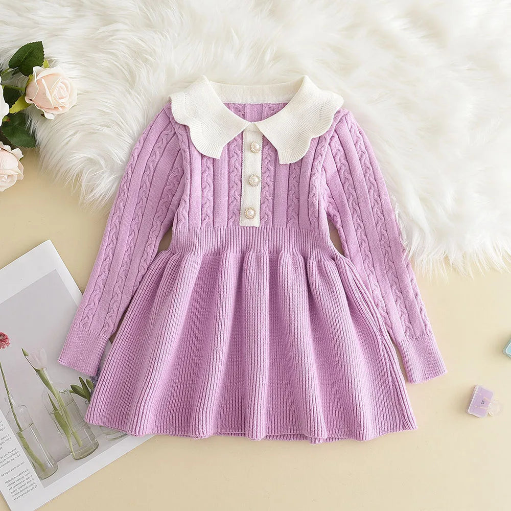 Winter Knitting Wool Long Sleeve Autumn Girls Ruffle Dress