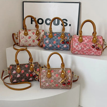 Crossbody Cherry Pattern PU Leather Boston Handbag Shoulder Bags