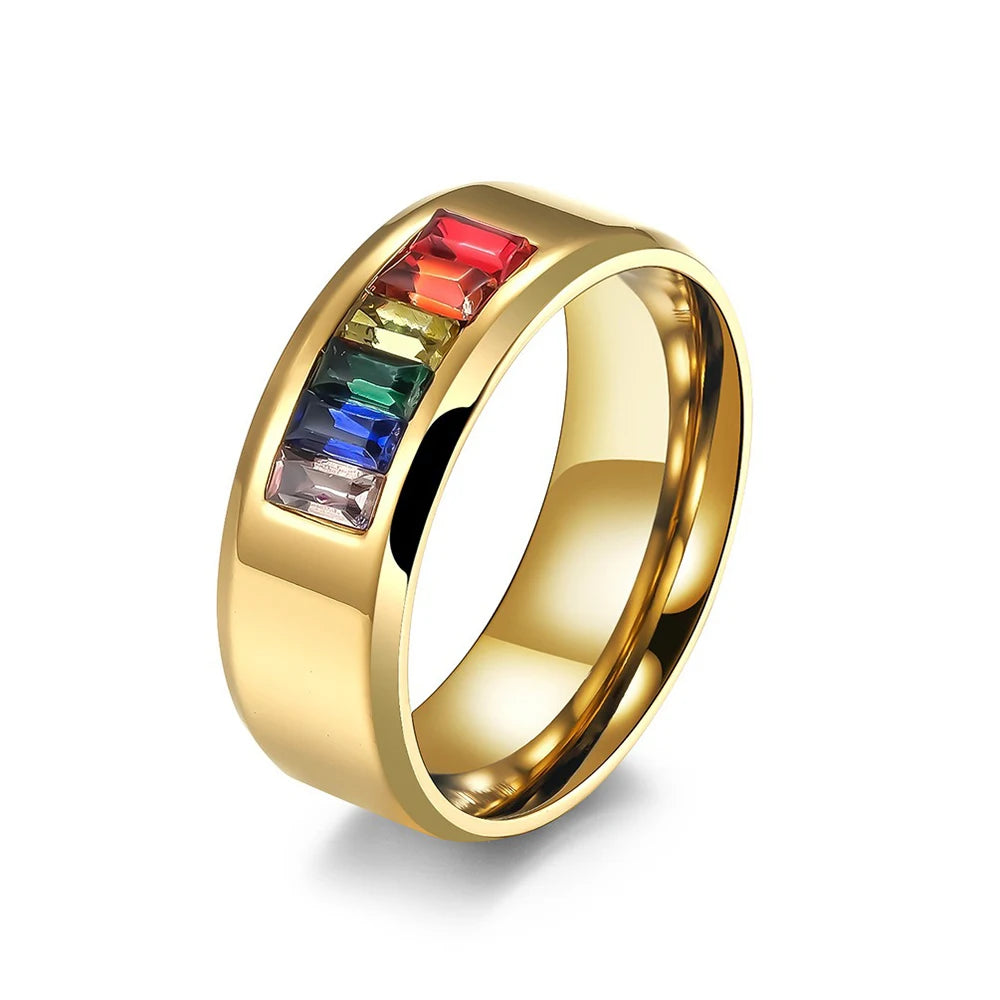 8mm Titanium Steel Rainbow Zircon Rings