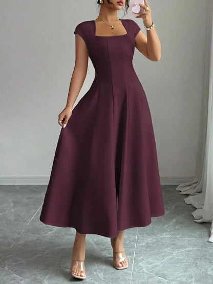 Square Neck Midi Cap Sleeve Fitted Flare Dress