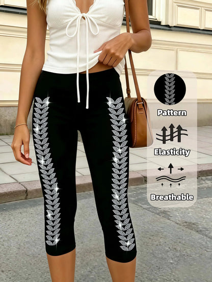 Black Capri Leggings Side Leaf Rhinestones Stretchy Slim Fit Yoga Pants