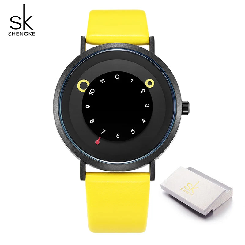 Shengke Creative Yellow Leather Band Wristwatches