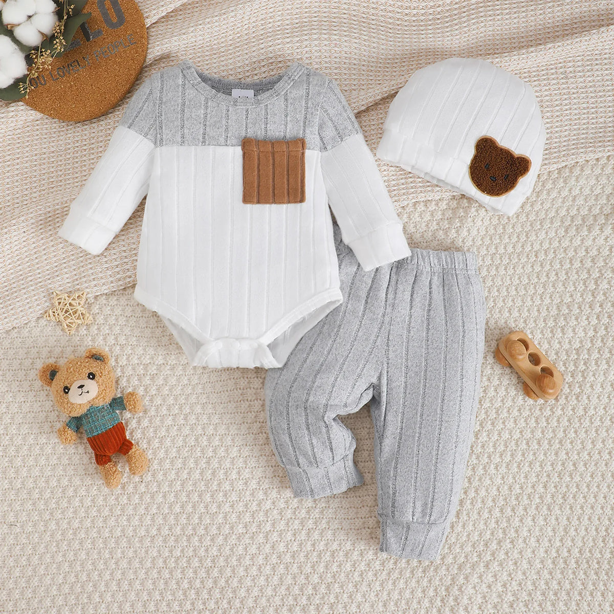 0-18 Month Newborn  Round neck Blocked Bodysuit+Pants+Hat  3Pcs/set