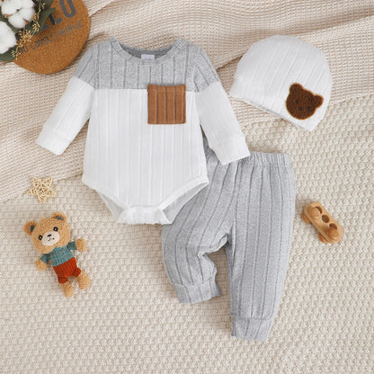 0-18 Month Newborn  Round neck Blocked Bodysuit+Pants+Hat  3Pcs/set