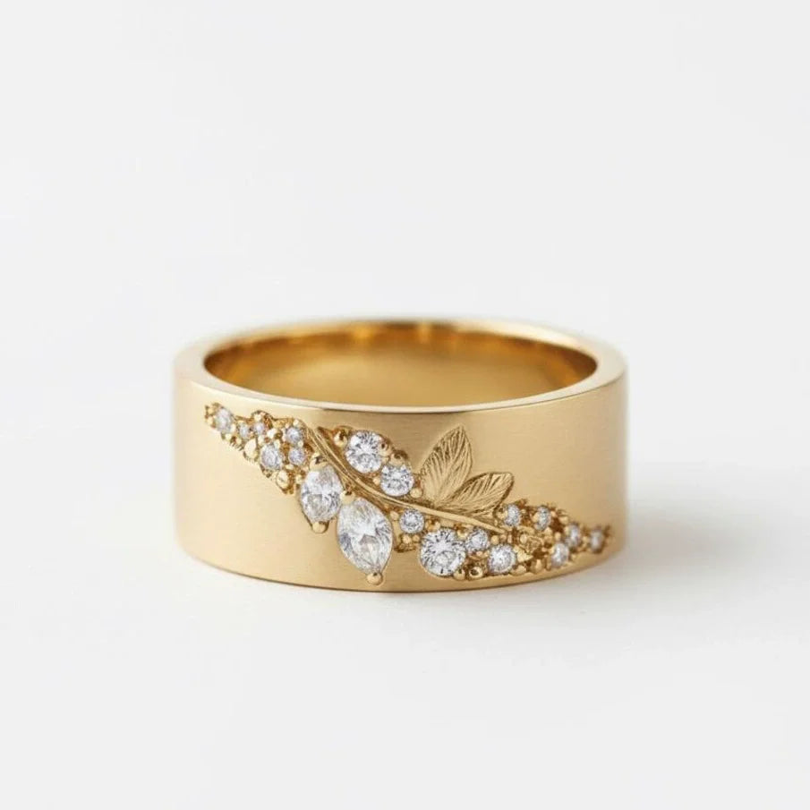 Exquisite Plant Leaf Pattern Gold Wide Face Inlaid with Zircon Finger Rings