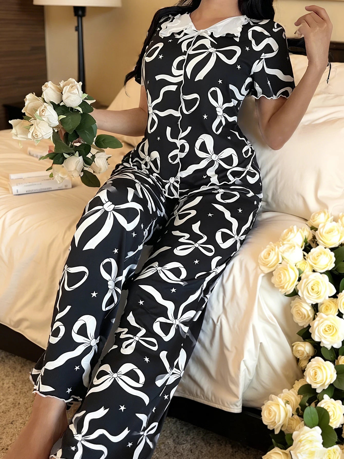 Valentine's Day Romantic Bowknot Floral Sleepwear Pajamas Set