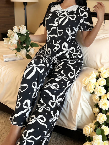 Valentine's Day Romantic Bowknot Floral Sleepwear Pajamas Set