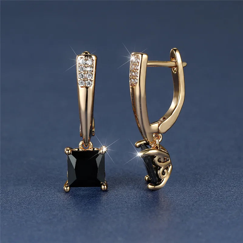 Geometric Crystal Antique Black Zircon Square Stone Earrings