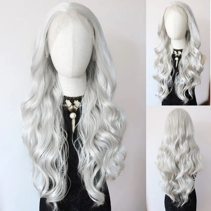 Long Wavy White Synthetic Lace Front Wig