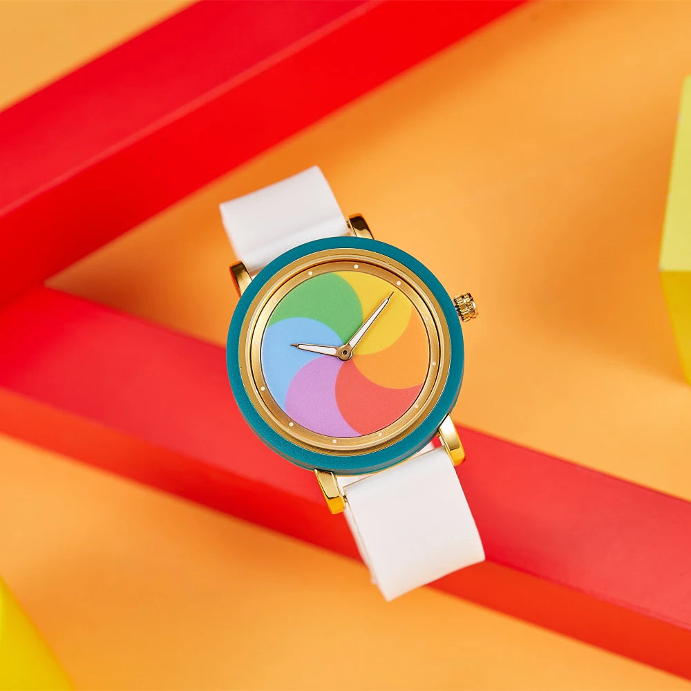 Rainbow rotating dial silicone strap watch
