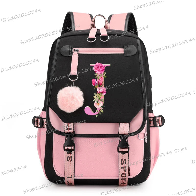 Black Pink Backpacks 26 Initials Flower A-Z Alphabet Large Capacity Students Bookbag