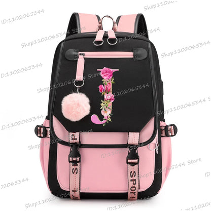 Black Pink Backpacks 26 Initials Flower A-Z Alphabet Large Capacity Students Bookbag