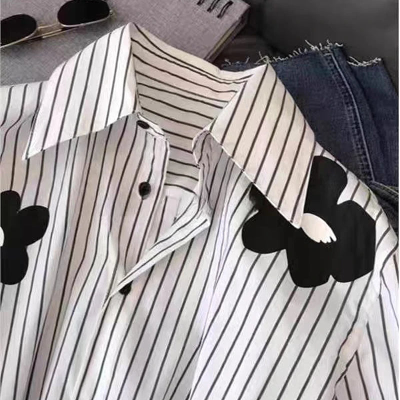 Flower Stripe Long Sleeved Loose Shirt