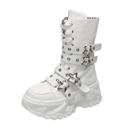 Platform Round Head Belt Buckle Locomotive Thick-soled Boots