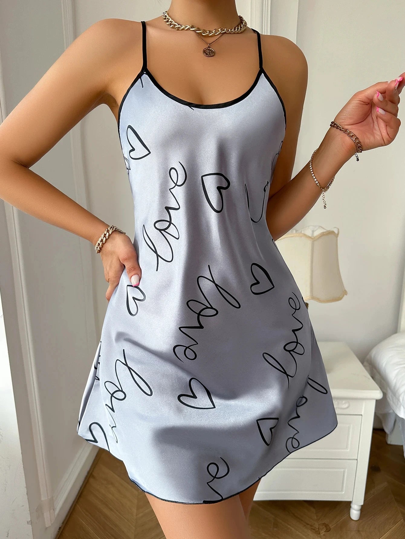 Heart Round Neck Spaghetti Pyjama