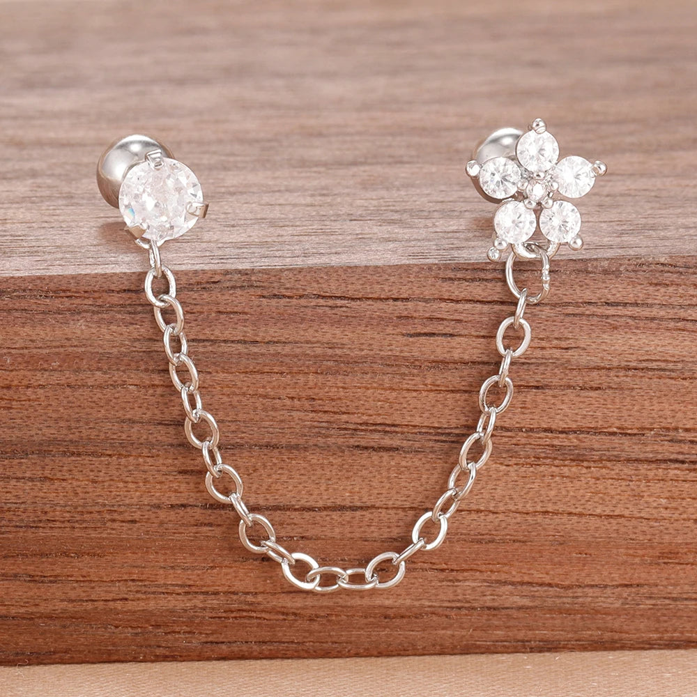 Stainless Steel Gold Color Chain Dangle Drop Zirconia Earrings