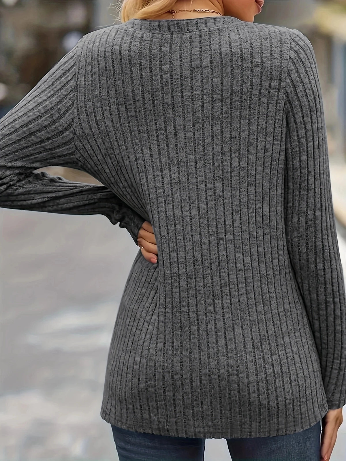 Ribbed Button Front V Neck T-Shirt Casual Long Sleeve Shirt