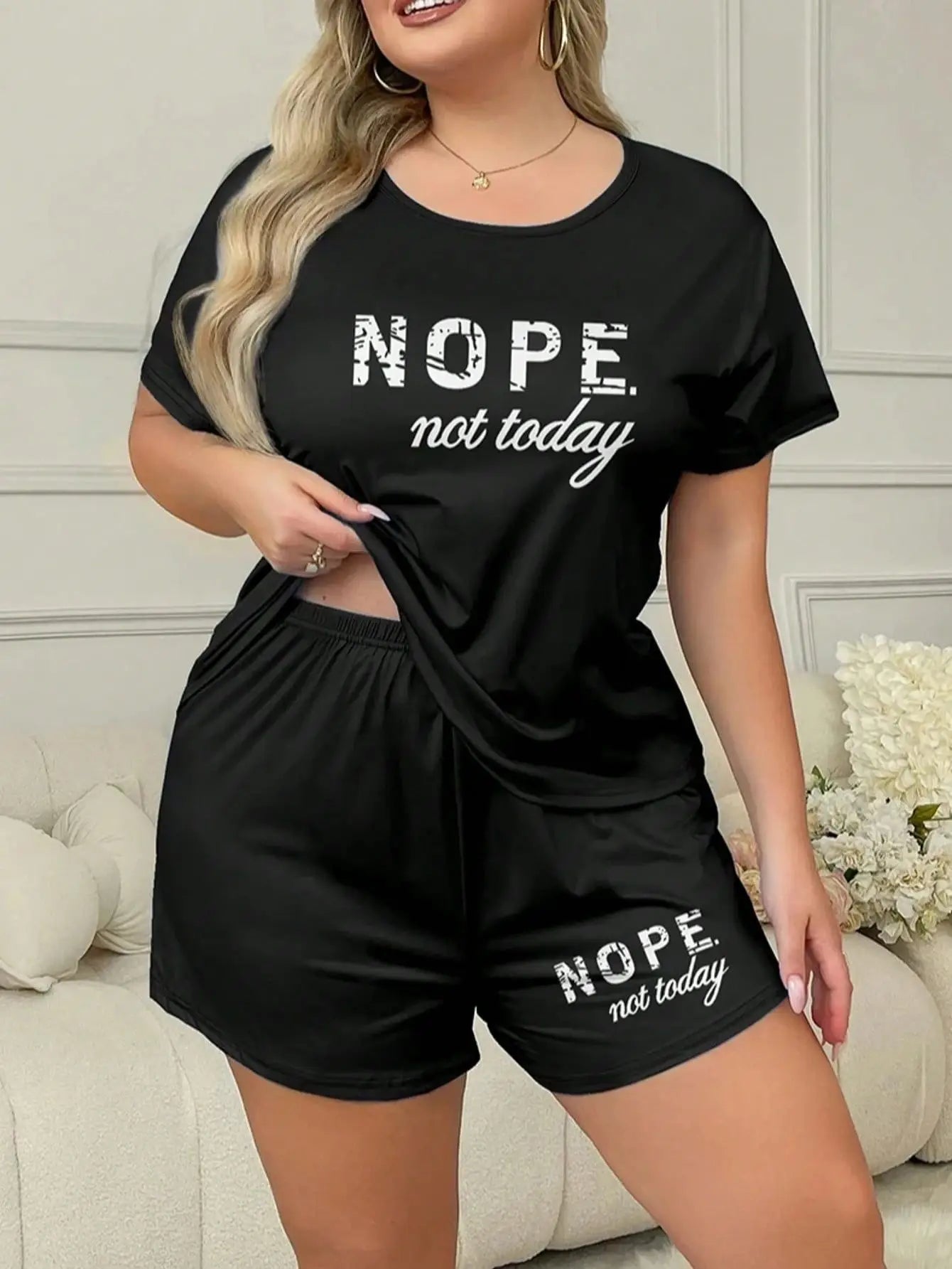 Letters Print Short Sleeve Tee And Elastic Shorts Plus Size Fit Pajama Set