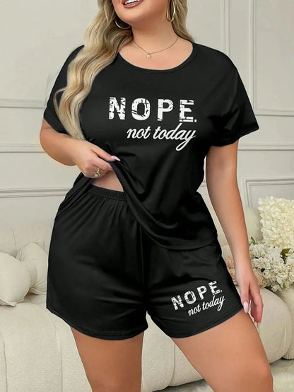 Letters Print Short Sleeve Tee And Elastic Shorts Plus Size Fit Pajama Set