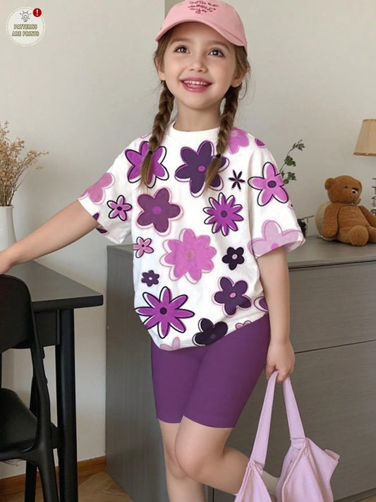 Purple Floral Print Short Sleeve T-shirt  Set