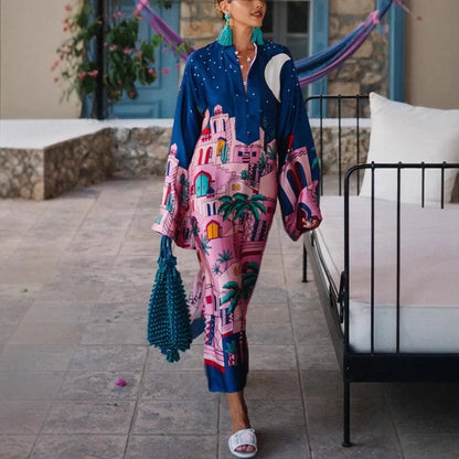 Vintage Satin Print Long Dress