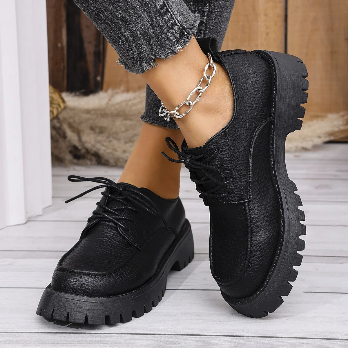 Large Size Thick-soled Loafers Style Chunky Leather Shoes