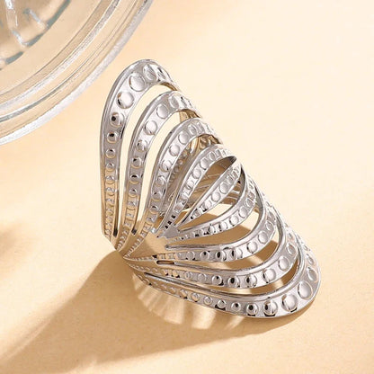 Geometric Curved Hollow Multi Layer Wide Stainless Steel Gold Rings