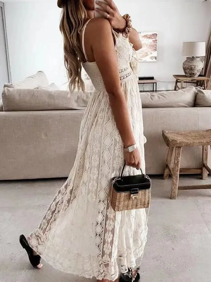 Sexy Long Dress Lace Sleeveless V Neck Hollow Out Elegant Loose Dress
