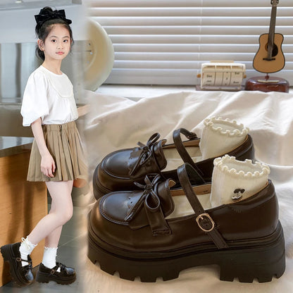 Black Leather Mary Janes Bow Thick Sole Casual Toddler Shoes