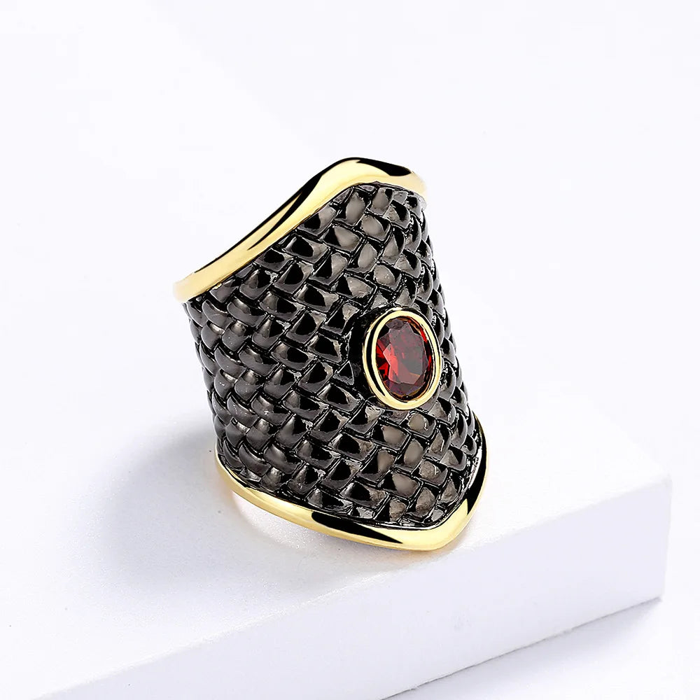 Exaggerated Black Gold Red Zircon 925 Stamp Irregular Geometric Shape Ring