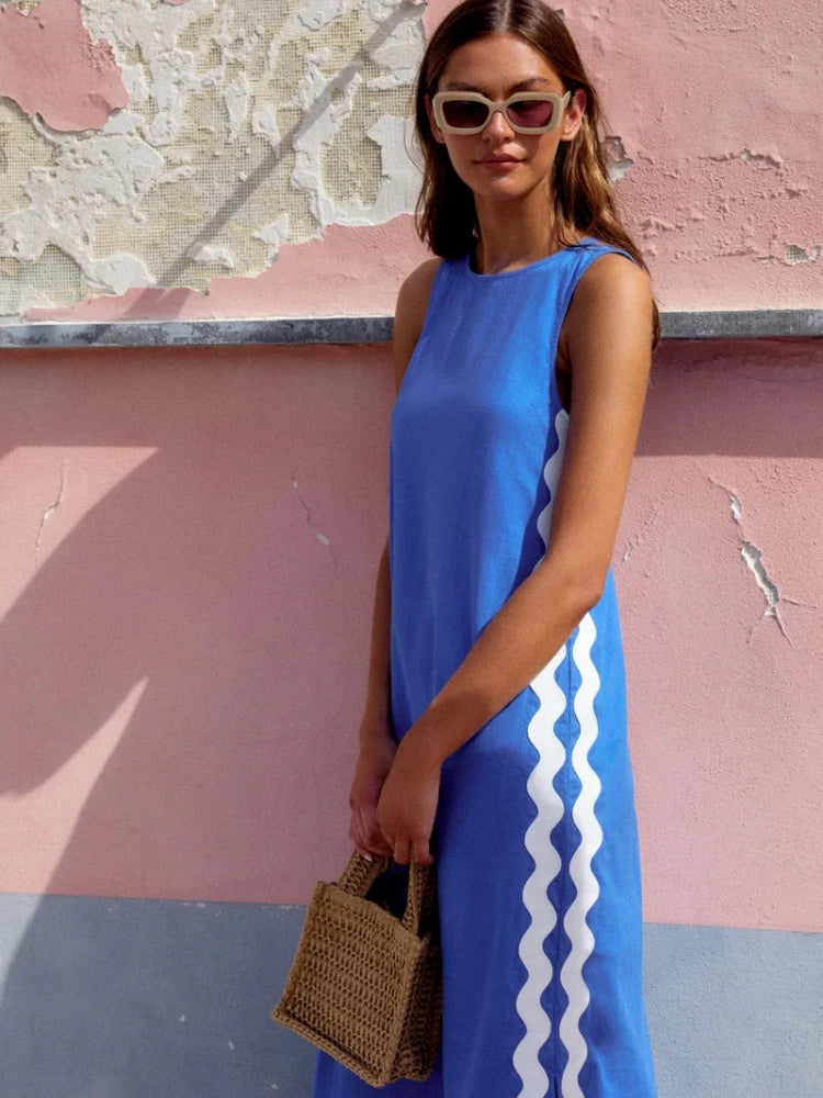Summer Loose Casual O-neck Sleeveless Split Vintage Midi Dress