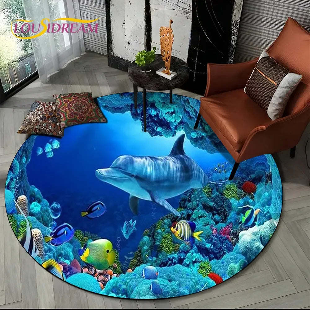 3D Seabed Illusion Underwater World Dolphin Round Area Rug
