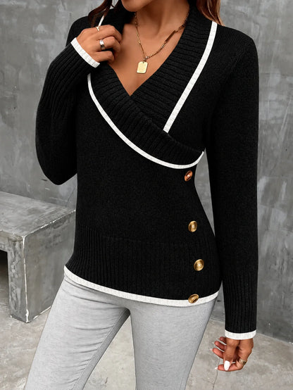 Color Blocking V-Neck Commuter Style Buttoned Long-Sleeved Knit Sweater