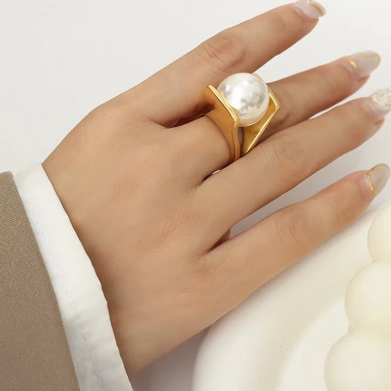 316L Stainless Steel Y Shaped Big Imitation Pearl Rings