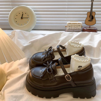 Black Leather Mary Janes Bow Thick Sole Casual Toddler Shoes