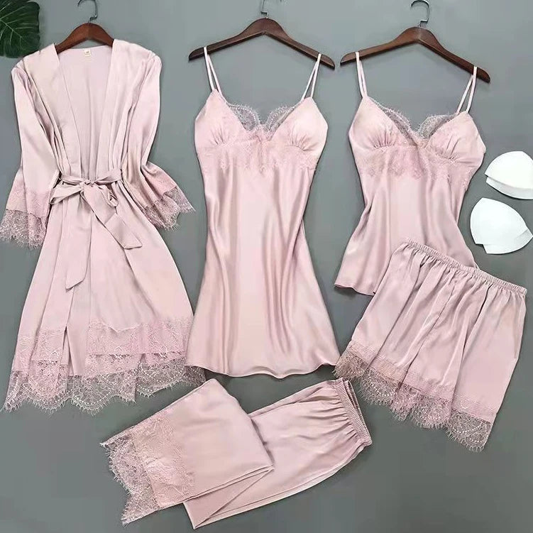 White 5PCS  Satin Sleepwear