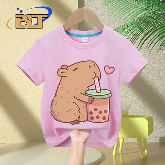 Cute Capybara Loves Bubble Tea print T-Shirt
