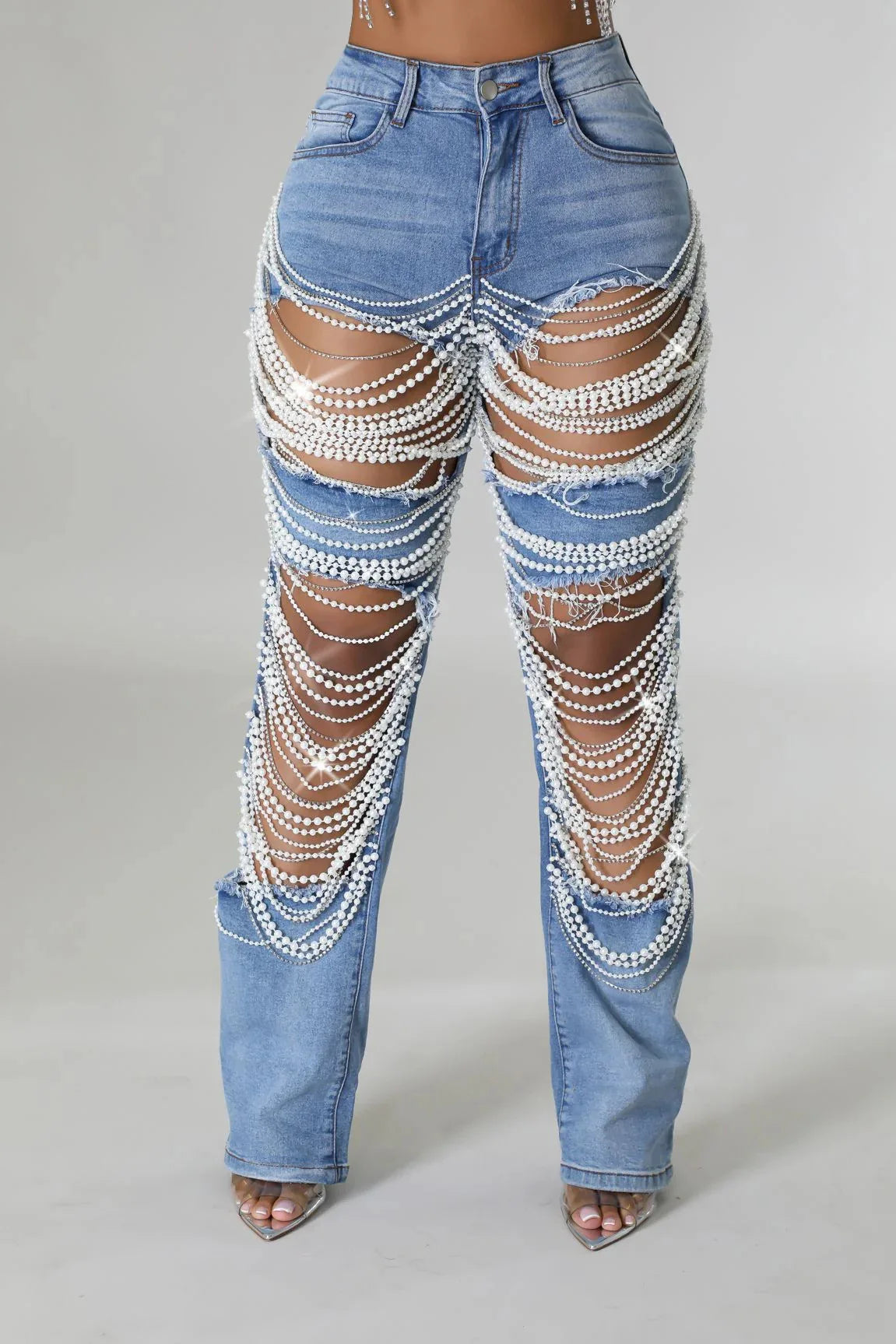 Ripped Straight Diamonds Chain Stretch High Waist Jeans Pants
