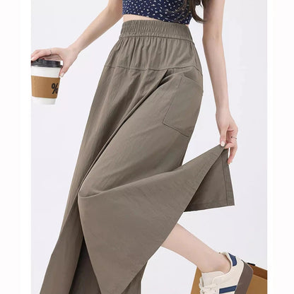 Loose Fit Thin Pants High Waist Slit Korean Midi Cargo skirt