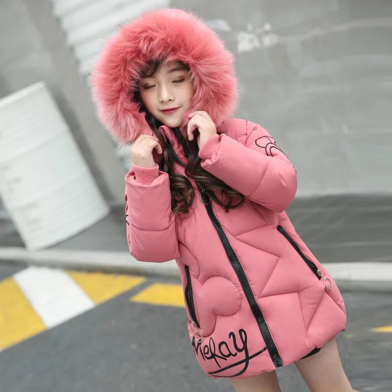 3-12 Years Winter Long Style Letter Velvet Hooded Thick Coat