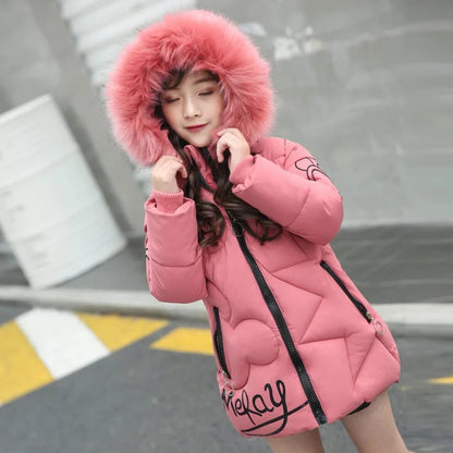 3-12 Years Winter Long Style Letter Velvet Hooded Thick Coat