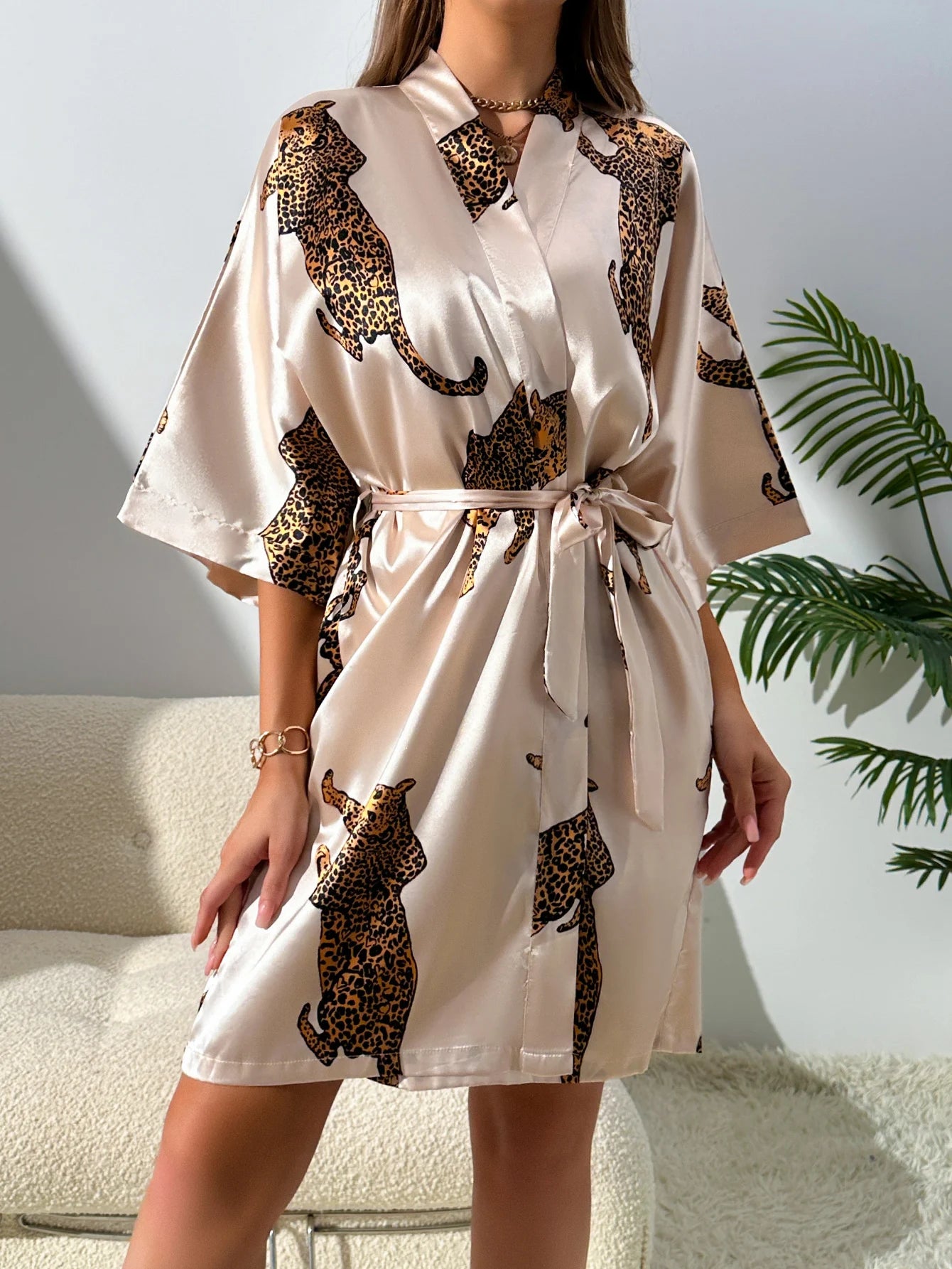 Kimono Leopard Print Short Sleeve Tie Waist Night Robe Sleepwear