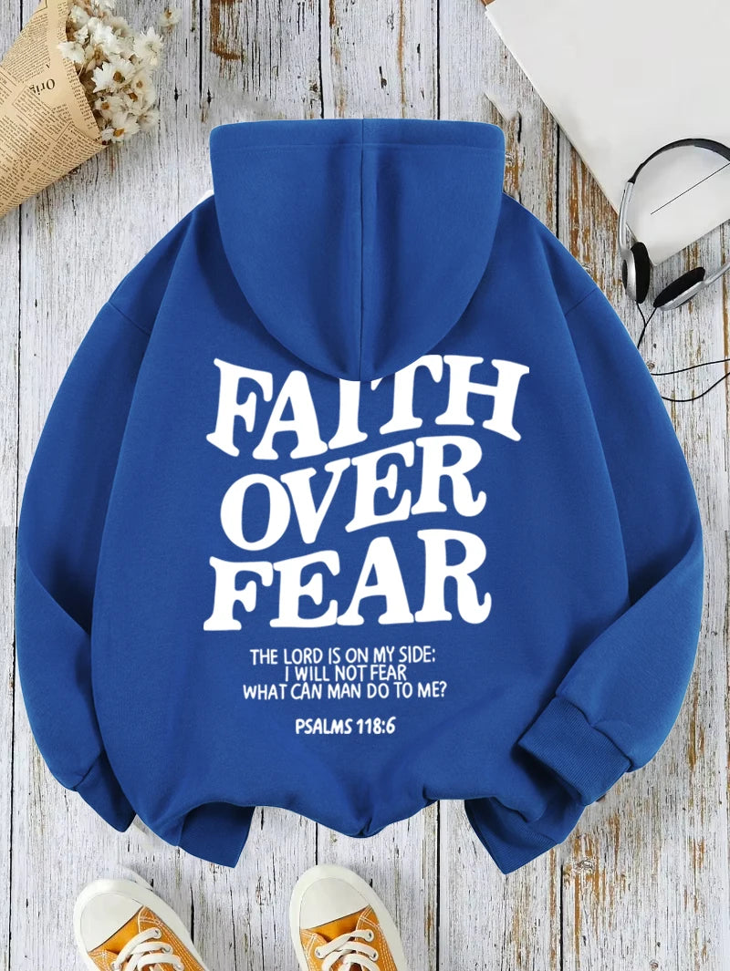 Casual Hoodies Faith Over Fear Letter Printing Sweatshirts Pocket Pullovers