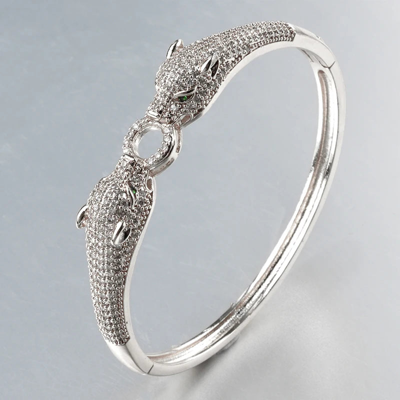 Gold Silver Color Leopard Head 18K Gold Plated Bangle Luxury CZ Zircon Bracelets