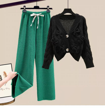 Korean Sweet Bow Outfit Long Sleeve Cardigan Knitwear Wide Leg Pants Set