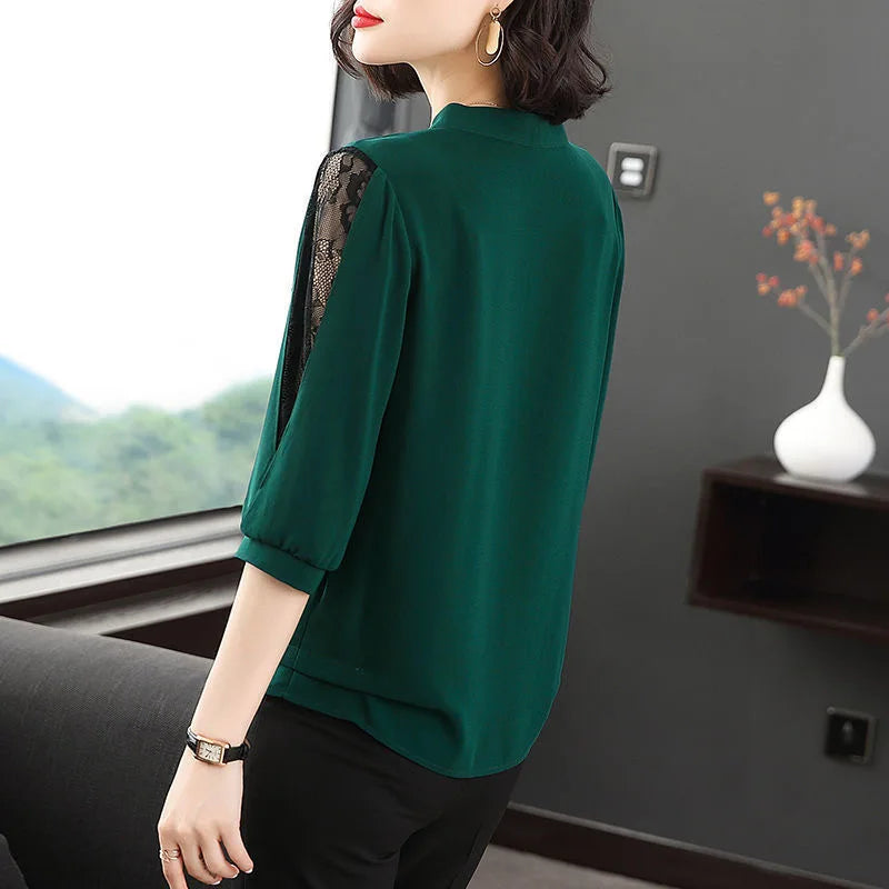 Bow Tie Colloar Half Lace Sleeve Loose Blouses