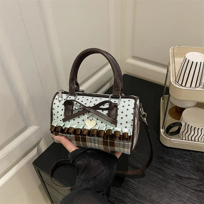 Retro Sweetheart Polka Dot & Plaid Hangbag Exquisite Wallet With Bow Lace Trim