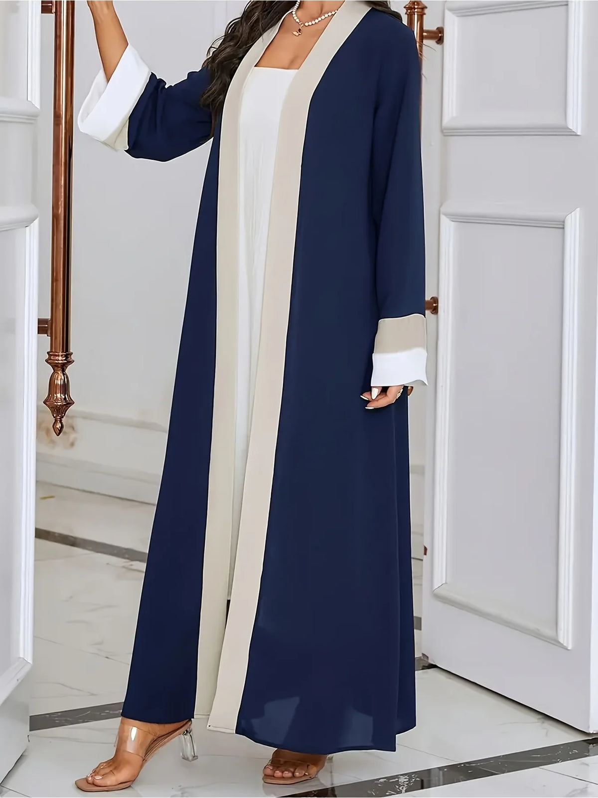 Casual Ramadan Open-Neck Long-Sleeved Color-Block Slim-Fit Dress