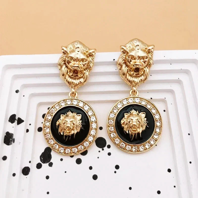 Punk Embossed Lion Head Drop Gold-plated Zircon Gothic Earrings