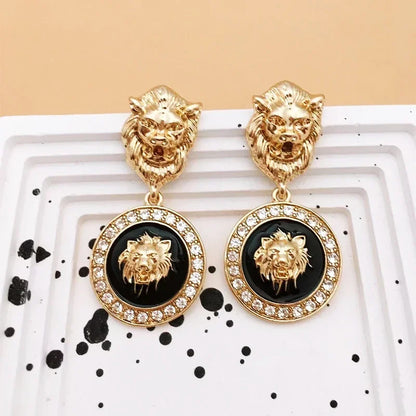 Punk Embossed Lion Head Drop Gold-plated Zircon Gothic Earrings